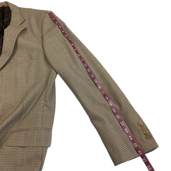 Robert Talbott Carmel Tan Blue Micro Plaid Blazer Jacket 42R Double Two Button - Picture 12 of 14